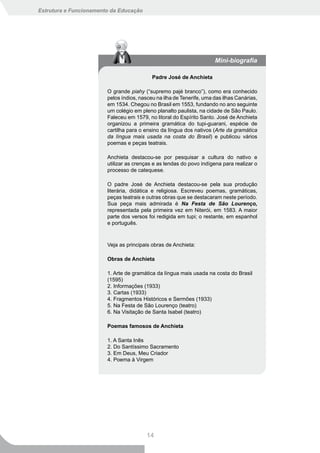 Estrutura e Funcionamento da Educação




                                                                      Mini-biografia

                                           Padre José de Anchieta

                        O grande piahy (“supremo pajé branco”), como era conhecido
                        pelos índios, nasceu na ilha de Tenerife, uma das ilhas Canárias,
                        em 1534. Chegou no Brasil em 1553, fundando no ano seguinte
                        um colégio em pleno planalto paulista, na cidade de São Paulo.
                        Faleceu em 1579, no litoral do Espírito Santo. José de Anchieta
                        organizou a primeira gramática do tupi-guarani, espécie de
                        cartilha para o ensino da língua dos nativos (Arte da gramática
                        da língua mais usada na costa do Brasil) e publicou vários
                        poemas e peças teatrais.

                        Anchieta destacou-se por pesquisar a cultura do nativo e
                        utilizar as crenças e as lendas do povo indígena para realizar o
                        processo de catequese.

                        O padre José de Anchieta destacou-se pela sua produção
                        literária, didática e religiosa. Escreveu poemas, gramáticas,
                        peças teatrais e outras obras que se destacaram neste período.
                        Sua peça mais admirada é Na Festa de São Lourenço,
                        representada pela primeira vez em Niterói, em 1583. A maior
                        parte dos versos foi redigida em tupi; o restante, em espanhol
                        e português.



                        Veja as principais obras de Anchieta:

                        Obras de Anchieta

                        1. Arte de gramática da língua mais usada na costa do Brasil
                        (1595)
                        2. Informações (1933)
                        3. Cartas (1933)
                        4. Fragmentos Históricos e Sermões (1933)
                        5. Na Festa de São Lourenço (teatro)
                        6. Na Visitação de Santa Isabel (teatro)

                        Poemas famosos de Anchieta

                        1. A Santa Inês
                        2. Do Santíssimo Sacramento
                        3. Em Deus, Meu Criador
                        4. Poema à Virgem




                                         14
 