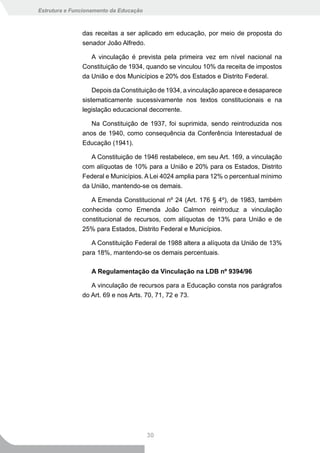 Estrutura e Funcionamento da Educação



               das receitas a ser aplicado em educação, por meio de proposta do
               senador João Alfredo.

                  A vinculação é prevista pela primeira vez em nível nacional na
               Constituição de 1934, quando se vinculou 10% da receita de impostos
               da União e dos Municípios e 20% dos Estados e Distrito Federal.

                   Depois da Constituição de 1934, a vinculação aparece e desaparece
               sistematicamente sucessivamente nos textos constitucionais e na
               legislação educacional decorrente.

                  Na Constituição de 1937, foi suprimida, sendo reintroduzida nos
               anos de 1940, como consequência da Conferência Interestadual de
               Educação (1941).

                  A Constituição de 1946 restabelece, em seu Art. 169, a vinculação
               com alíquotas de 10% para a União e 20% para os Estados, Distrito
               Federal e Municípios. A Lei 4024 amplia para 12% o percentual mínimo
               da União, mantendo-se os demais.

                  A Emenda Constitucional nº 24 (Art. 176 § 4º), de 1983, também
               conhecida como Emenda João Calmon reintroduz a vinculação
               constitucional de recursos, com alíquotas de 13% para União e de
               25% para Estados, Distrito Federal e Municípios.

                  A Constituição Federal de 1988 altera a alíquota da União de 13%
               para 18%, mantendo-se os demais percentuais.

                  A Regulamentação da Vinculação na LDB nº 9394/96

                  A vinculação de recursos para a Educação consta nos parágrafos
               do Art. 69 e nos Arts. 70, 71, 72 e 73.




                                        30
 
