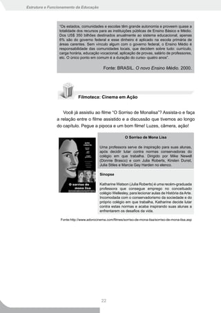 Estrutura e Funcionamento da Educação




                “Os estados, comunidades e escolas têm grande autonomia e proveem quase a
                totalidade dos recursos para as instituições públicas de Ensino Básico e Médio.
                Dos US$ 350 bilhões destinados anualmente ao sistema educacional, apenas
                6% são do governo federal e esse dinheiro é aplicado na escola primária de
                áreas carentes. Sem vínculo algum com o governo federal, o Ensino Médio é
                responsabilidade das comunidades locais, que decidem sobre tudo: currículo,
                carga horária, educação vocacional, aplicação de provas, salário de professores,
                etc. O único ponto em comum é a duração do curso- quatro anos”.

                                            Fonte: BRASIL. O novo Ensino Médio. 2000.




                            Filmoteca: Cinema em Ação


                  Você já assistiu ao filme “O Sorriso de Monalisa”? Assista-o e faça
               a relação entre o filme assistido e a discussão que tivemos ao longo
               do capítulo. Pegue a pipoca e um bom filme! Luzes, câmera, ação!

                                                          O Sorriso de Mona Lisa

                                          Uma professora serve de inspiração para suas alunas,
                                          após decidir lutar contra normas conservadoras do
                                          colégio em que trabalha. Dirigido por Mike Newell
                                          (Donnie Brasco) e com Julia Roberts, Kirsten Dunst,
                                          Julia Stiles e Marcia Gay Harden no elenco.

                                          Sinopse

                                          Katharine Watson (Julia Roberts) é uma recém-graduada
                                          professora que consegue emprego no conceituado
                                          colégio Wellesley, para lecionar aulas de História da Arte.
                                          Incomodada com o conservadorismo da sociedade e do
                                          próprio colégio em que trabalha, Katharine decide lutar
                                          contra estas normas e acaba inspirando suas alunas a
                                          enfrentarem os desafios da vida.

                 Fonte:http://www.adorocinema.com/filmes/sorriso-de-mona-lisa/sorriso-de-mona-lisa.asp




                                           22
 