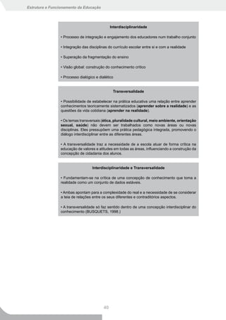 Estrutura e Funcionamento da Educação




                                               Interdisciplinaridade

                • Processo de integração e engajamento dos educadores num trabalho conjunto

                • Integração das disciplinas do currículo escolar entre si e com a realidade

                • Superação da fragmentação do ensino

                • Visão global: construção do conhecimento crítico

                • Processo dialógico e dialético


                                                Transversalidade

                • Possibilidade de estabelecer na prática educativa uma relação entre aprender
                conhecimentos teoricamente sistematizados (aprender sobre a realidade) e as
                questões da vida cotidiana (aprender na realidade).

                • Os temas transversais (ética, pluralidade cultural, meio ambiente, orientação
                sexual, saúde) não devem ser trabalhados como novas áreas ou novas
                disciplinas. Eles pressupõem uma prática pedagógica integrada, promovendo o
                diálogo interdisciplinar entre as diferentes áreas.

                • A transversalidade traz a necessidade de a escola atuar de forma crítica na
                educação de valores e atitudes em todas as áreas, influenciando a construção da
                concepção de cidadania dos alunos.


                                   Interdisciplinaridade e Transversalidade

                • Fundamentam-se na crítica de uma concepção de conhecimento que toma a
                realidade como um conjunto de dados estáveis.

                • Ambas apontam para a complexidade do real e a necessidade de se considerar
                a teia de relações entre os seus diferentes e contraditórios aspectos.

                • A transversalidade só faz sentido dentro de uma concepção interdisciplinar do
                conhecimento (BUSQUETS, 1998.)




                                          40
 