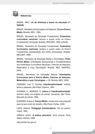 Estrutura e Funcionamento da Educação




    Referências


BRASIL. MEC. Lei de diretrizes e bases da educação nº.
9394/96.

BRASIL. Ministério da Educação e do Desporto. O novo Ensino
Médio. Brasília: MEC, 1999.

BRASIL. Secretaria de Educação Fundamental. Parâmetros
curriculares nacionais: terceiro e quarto ciclos do Ensino
Fundamental: introdução. Brasília: MEC/SEF, 1998. p.65-69.

BRASIL, Secretaria de Educação Fundamental. Parâmetros
Curriculares nacionais: terceiro e quarto ciclos do Ensino
Fundamental: apresentação dos temas transversais. Brasília:
MEC/SEF, 1998.

BRASIL. Secretaria de Educação Média e Tecnológica. PCN+
Ensino Médio: Orientações Educacionais e Complementares
aos Parâmetros Curriculares Nacionais, Ciências da Natureza,
Matemática e suas Tecnologias, Brasília: MEC /SEMTEC,
2002.

BRASIL. Secretaria de Educação Básica. Orientações
Curriculares para o Ensino Médio, Ciências da Natureza,
Matemática e suas Tecnologias, v. 02. Brasília: MEC, 2006.

FAZENDA, Ivani C. Arantes. Interdisciplinaridade: história,
teoria e pesquisa. São Paulo: Papirus, 1994.

KLEIMAN, A.; MORAES, S. Leitura e interdisciplinaridade:
tecendo redes nos projetos da escola. Campinas, São Paulo:
Mercado de Letras, 1999.

KUENZER. Acácia Z. Ensino Médio: construindo uma proposta
para os que vivem do trabalho. São Paulo: Cortez, 2000.

LÜCK, Heloísa. Pedagogia interdisciplinar. Rio de janeiro:
Vozes, 1994.

ZABALA. Antoni. A prática educativa: como ensinar. Porto
Alegre: Artmed, 1998.

http://portal.mec.gov.br


                                    41
 