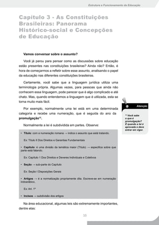 Estrutura e Funcionamento da Educação



Capítulo 3 - As Constituições
Brasileiras: Panorama
Histórico-social e Concepções
de Educação


   Vamos conversar sobre o assunto?

   Você já parou para pensar como as discussões sobre educação
estão presentes nas constituições brasileiras? Ainda não? Então, é
hora de começarmos a refletir sobre esse assunto, analisando o papel
da educação nas diferentes constituições brasileiras.

   Certamente, você sabe que a linguagem jurídica utiliza uma
terminologia própria. Algumas vezes, para pessoas que ainda não
conhecem essa linguagem, pode parecer que é algo complicado e até
chato. Mas, quando entendemos a linguagem que é utilizada, esta se
torna muito mais fácil.
                                                                                            Atenção
   Por exemplo, normalmente uma lei está em uma determinada
categoria e recebe uma numeração, que é seguida do ano da                          12
                                                                                     Você sabe
promulgação12.                                                                     o que é
                                                                                   promulgação?
                                                                                   É quando a lei é
   Normalmente a lei é subdividida em partes. Observe:
                                                                                   aprovada e deve
                                                                                   entrar em vigor.
 • Título: com a numeração romana → indica o assunto que está tratando.

   Ex: Título II Dos Direitos e Garantias Fundamentais

 • Capítulo: é uma divisão da temática maior (Título) → especifica sobre que
 parte está falando.

   Ex: Capítulo 1 Dos Direitos e Deveres Individuais e Coletivos

 • Seção → sub-parte do Capítulo

   Ex: Seção I Disposições Gerais

 • Artigos → é a normatização propriamente dita. Escreve-se em numeração
 indoarábico,

   Ex: Art. 1º

 • Incisos → subdivisão dos artigos

   Na área educacional, algumas leis são extremamente importantes,
dentre elas:

                                                    35
 