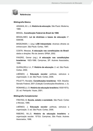 Estrutura e Funcionamento da Educação




       Referências



Bibliografia	Básica

  ARANHA, M. L. A. História da educação. São Paulo: Moderna,
  1989.

  BRASIL. Constituição Federal do Brasil de 1988.

  BRASIL/MEC. Lei de diretrizes e bases da educação nº.
  9394/96.

  BRZEZINSKI, I. (org.) LDB Interpretada: diversos olhares se
  entrecruzam. São Paulo: Cortez, 1997.

  COSTA, Messias. A educação nas constituições do Brasil:
  dados e direções. Rio de Janeiro: DP&A, 2002.

  FAVERO, Osmar (org.). A educação nas constituições
  brasileiras: 1823-1988. Campinas, SP: Autores Associados,
  1996.

  GUIRALDELLI Jr., P. História da educação. 2. ed. São Paulo:
  Cortez, 2000.

  LIBÂNEO, J. Educação escolar: políticas, estrutura e
  organização. 3. ed. São Paulo: Cortez, 2006.

  POLETTI, Ronaldo. Constituições brasileiras: 1934. Brasília:
  Senado Federal, 2001 (Coleção Constituições Brasileiras, v. 3).

  ROMANELLI, O. História da educação brasileira (1930/1973).
  25. ed. Petrópolis: Vozes, 2001.

Bibliografia	Complementar	

  FREITAG, B. Escola, estado e sociedade. São Paulo: Cortez
  e Moraes, 1986.

  LIBÂNEO, J. Educação escolar: políticas, estrutura e
  organização. 3. ed. São Paulo: Cortez, 2006.

  RIBEIRO, M.L.S. História da educação brasileira: a
  organização escolar. 15ª.Ed. Campinas, São Paulo: Autores
  Associados, 1998.


                                        65
 