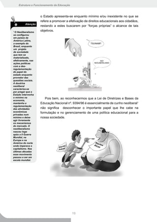 Estrutura e Funcionamento da Educação



                     o Estado apresenta-se enquanto mínimo e/ou inexistente no que se
                     refere a promover a efetivação de direitos educacionais aos cidadãos,
          Atenção
                     restando a estes buscarem por “forças próprias” o alcance de tais
1
  O Neoliberalismo
                     objetivos.
se configurou
em países da
América Latina,
a exemplo do
Brasil, enquanto
um projeto
de sociedade
que tem se
materializado,
efetivamente, nas
ações políticas
com a des-
regulamentação
do papel do
estado enquanto
provedor das
questões sociais.
A doutrina
neoliberal
caracteriza-se
por pregar que o
Estado intervenha
o mínimo na             Pois bem, ao reconhecermos que a Lei de Diretrizes e Bases da
economia,
mantenha a           Educação Nacional nº. 9394/96 é essencialmente de cunho neoliberal1
regulamentação
das atividades       não significa desconhecer o importante papel que lhe cabe na
econômicas           formulação e no gerenciamento de uma política educacional para a
privadas num
mínimo e deixe       nossa sociedade.
agir livremente
os mecanismos
do mercado. O
neoliberalismo
nasceu logo
após a II Guerra
Mundial, na
Europa e na
América do norte
onde imperava o
capitalismo. Nas
últimas décadas
esse movimento
passou a ser em
escala mundial.




                                            10
 
