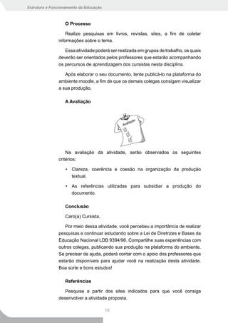 Estrutura e Funcionamento da Educação



                  O Processo

                   Realize pesquisas em livros, revistas, sites, a fim de coletar
               informações sobre o tema.

                  Essa atividade poderá ser realizada em grupos de trabalho, os quais
               deverão ser orientados pelos professores que estarão acompanhando
               os percursos de aprendizagem dos cursistas nesta disciplina.

                  Após elaborar o seu documento, tente publicá-lo na plataforma do
               ambiente moodle, a fim de que os demais colegas consigam visualizar
               a sua produção.

                  A Avaliação




                   Na avaliação da atividade, serão observados os seguintes
               critérios:

                   • Clareza, coerência e coesão na organização da produção
                     textual.

                   • As referências utilizadas para subsidiar a produção do
                     documento.

                  Conclusão

                  Caro(a) Cursista,

                  Por meio dessa atividade, você percebeu a importância de realizar
               pesquisas e continuar estudando sobre a Lei de Diretrizes e Bases da
               Educação Nacional LDB 9394/96. Compartilhe suas experiências com
               outros colegas, publicando sua produção na plataforma do ambiente.
               Se precisar de ajuda, poderá contar com o apoio dos professores que
               estarão disponíveis para ajudar você na realização desta atividade.
               Boa sorte e bons estudos!

                  Referências

                  Pesquise a partir dos sites indicados para que você consiga
               desenvolver a atividade proposta.

                                        16
 