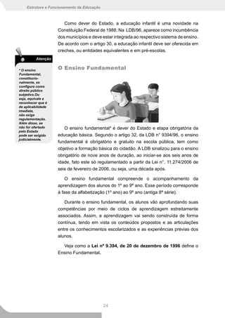 Estrutura e Funcionamento da Educação



                       Como dever do Estado, a educação infantil é uma novidade na
                    Constituição Federal de 1988. Na LDB/96, aparece como incumbência
                    dos municípios e deve estar integrada ao respectivo sistema de ensino.
                    De acordo com o artigo 30, a educação infantil deve ser oferecida em
                    creches, ou entidades equivalentes e em pré-escolas.
          Atenção

4
  O ensino          O Ensino Fundamental
Fundamental,
constitucio-
nalmente, se
configura como
direito público
subjetivo.Ou
seja, equivale a
reconhecer que é
de aplicabilidade
imediata,
não exige
regulamentação.
Além disso, se
não for ofertado       O ensino fundamental4 é dever do Estado e etapa obrigatória da
pelo Estado
pode ser exigido    educação básica. Segundo o artigo 32, da LDB n° 9394/96, o ensino
judicialmente.
                    fundamental é obrigatório e gratuito na escola pública, tem como
                    objetivo a formação básica do cidadão. A LDB sinalizou para o ensino
                    obrigatório de nove anos de duração, ao iniciar-se aos seis anos de
                    idade, fato este só regulamentado a partir da Lei n°. 11.274/2006 de
                    seis de fevereiro de 2006, ou seja, uma década após.

                       O ensino fundamental compreende o acompanhamento da
                    aprendizagem dos alunos do 1º ao 9º ano. Esse período corresponde
                    à fase da alfabetização (1º ano) ao 9º ano (antiga 8ª série).

                       Durante o ensino fundamental, os alunos vão aprofundando suas
                    competências por meio de ciclos de aprendizagem estreitamente
                    associados. Assim, a aprendizagem vai sendo construída de forma
                    contínua, tendo em vista os conteúdos propostos e as articulações
                    entre os conhecimentos escolarizados e as experiências prévias dos
                    alunos.

                      Veja como a Lei nº 9.394, de 20 de dezembro de 1996 define o
                    Ensino Fundamental.




                                            24
 
