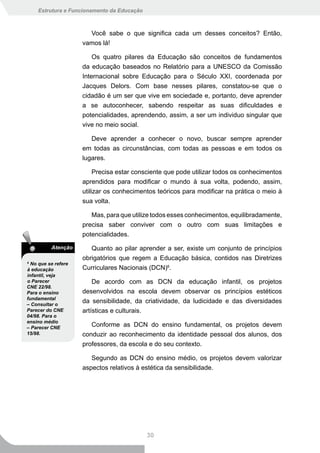 Estrutura e Funcionamento da Educação



                       Você sabe o que significa cada um desses conceitos? Então,
                     vamos lá!

                         Os quatro pilares da Educação são conceitos de fundamentos
                     da educação baseados no Relatório para a UNESCO da Comissão
                     Internacional sobre Educação para o Século XXI, coordenada por
                     Jacques Delors. Com base nesses pilares, constatou-se que o
                     cidadão é um ser que vive em sociedade e, portanto, deve aprender
                     a se autoconhecer, sabendo respeitar as suas dificuldades e
                     potencialidades, aprendendo, assim, a ser um individuo singular que
                     vive no meio social.

                        Deve aprender a conhecer o novo, buscar sempre aprender
                     em todas as circunstâncias, com todas as pessoas e em todos os
                     lugares.

                        Precisa estar consciente que pode utilizar todos os conhecimentos
                     aprendidos para modificar o mundo à sua volta, podendo, assim,
                     utilizar os conhecimentos teóricos para modificar na prática o meio à
                     sua volta.

                        Mas, para que utilize todos esses conhecimentos, equilibradamente,
                     precisa saber conviver com o outro com suas limitações e
                     potencialidades.
          Atenção       Quanto ao pilar aprender a ser, existe um conjunto de princípios
                     obrigatórios que regem a Educação básica, contidos nas Diretrizes
6
  No que se refere
à educação           Curriculares Nacionais (DCN)6.
infantil, veja
o Parecer                De acordo com as DCN da educação infantil, os projetos
CNE 22/98.
Para o ensino        desenvolvidos na escola devem observar os princípios estéticos
fundamental
– Consultar o
                     da sensibilidade, da criatividade, da ludicidade e das diversidades
Parecer do CNE       artísticas e culturais.
04/98. Para o
ensino médio
– Parecer CNE
                        Conforme as DCN do ensino fundamental, os projetos devem
15/98.               conduzir ao reconhecimento da identidade pessoal dos alunos, dos
                     professores, da escola e do seu contexto.

                        Segundo as DCN do ensino médio, os projetos devem valorizar
                     aspectos relativos à estética da sensibilidade.




                                            30
 