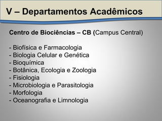 Centro de Biociências – CB (Campus Central)
- Biofísica e Farmacologia
- Biologia Celular e Genética
- Bioquímica
- Botânica, Ecologia e Zoologia
- Fisiologia
- Microbiologia e Parasitologia
- Morfologia
- Oceanografia e Limnologia
V – Departamentos Acadêmicos
 