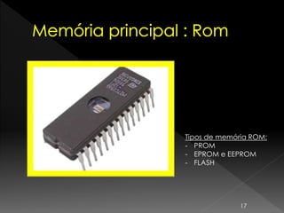 17
Tipos de memória ROM:
- PROM
- EPROM e EEPROM
- FLASH
 