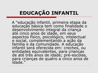 EDUCAÇÃO INFANTIL
A “educação infantil, primeira etapa da
educação básica tem como finalidade o
desenvolvimento integral da criança
até cinco anos de idade, em seus
aspectos físico, psicológico, intelectual
e social, complementando a ação da
família e da comunidade. A educação
infantil será oferecida em: creches, ou
entidades equivalentes, para crianças
de até três anos de idade; pré-escolas,
para crianças de quatro a cinco anos de
idade.”
 