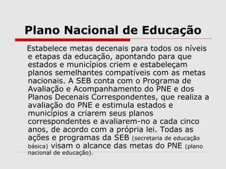 Plano Nacional de Educação
Estabelece metas decenais para todos os níveis
e etapas da educação, apontando para que
estados e municípios criem e estabeleçam
planos semelhantes compatíveis com as metas
nacionais. A SEB conta com o Programa de
Avaliação e Acompanhamento do PNE e dos
Planos Decenais Correspondentes, que realiza a
avaliação do PNE e estimula estados e
municípios a criarem seus planos
correspondentes e avaliarem-no a cada cinco
anos, de acordo com a própria lei. Todas as
ações e programas da SEB (secretaria de educação
básica) visam o alcance das metas do PNE (plano
nacional de educação).
 