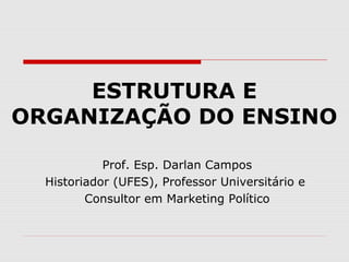 ESTRUTURA E
ORGANIZAÇÃO DO ENSINO
Prof. Esp. Darlan Campos
Historiador (UFES), Professor Universitário e
Consultor em Marketing Político
 