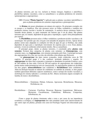 12
As plantas terrestres, por sua vez, incluem as briatas (musgos, hepáticas e anterófitas),
pteridófitas (plantas vasculares, como as samambaias) e as plantas produtoras de sementes
(gimnospermas e angiospermas).
OBS: O termo “Planta Superior” é aplicado para as plantas vasculares (pteridófitas) e
para as plantas produtoras de sementes (angiospermas e gimnospermas)
As Briatas são pouco abundantes em número de espécies. Os principais exemplos são
os musgos e as hepáticas. Elas não possuem raízes ou folhas verdadeiras e também não
produzem sistema vascular e tecidos de sustentação. A ausência dessas estruturas limita o
tamanho destas plantas, as quais raramente são maiores que 4 cm de altura. São plantas
terrestres que, no entanto, dependem da água para a reprodução, a qual é feita principalmente
por esporos.
As Pteridófitas possuem raízes e folhas verdadeiras e produzem tecidos vasculares e de
sustentação. Isto permite que elas cresçam com tamanho de pequenas árvores. Apesar destas
plantas serem mais adaptadas às condições de falta de água do que as briófitas, elas ainda
dependem da água para a reprodução (movimento do esperma para o ovo). Estas plantas,
portanto, vivem em ambientes relativamente úmidos. São as samambaias.
O principal grupo, dentre as plantas terrestres, é constituído pelas plantas com
sementes. Existem duas categorias de plantas com sementes: as Gimnospermas, com
sementes nuas, e as Angiospermas, com sementes protegidas pelo fruto. A principal inovação
das angiospermas foi a flor, por isso elas são referidas como plantas que florescem.
As gimnospermas são tipos menos avançados, sendo conhecidas cerca de 700
espécies. O principal grupo é o das coníferas, incluindo pinheiros e sequóia. As
angiospermas são tipos mais avançados e tornaram-se abundantes no período Cretáceo, cerca
de 100 milhões de anos atrás. Cerca de 250 mil espécies de angiospermas são conhecidas,
porém muitas ainda permanecem sem ser caracterizada. As angiospermas podem ser divididas
em dois grupos: monocotiledôneas (um cotilédone) e dicotiledôneas (dois cotilédones).
Além da distinção baseada no número de cotilédones no embrião da semente, os dois grupos
também apresentam diferentes aspectos anatômicos, como o arranjo dos tecidos vasculares, a
morfologia do sistema radicular e a estrutura da flor. Abaixo mostramos alguns exemplos de
famílias de mono e dicotiledôneas.
Monocotiledôneas – Gramineae, Palmae, Liliaceae, Agavaceae, Bromeliaceae, Musaceae,
Orchidaceae, etc.
Dicotiledôneas – Cactaceae, Cruciferae, Rosaceae, Rutaceae, Leguminosae, Malvaceae,
Myrtaceae, Cucurbitaceae, Umbeliferae, Rubiaceae, Compositae,
Euforbiaceae, etc.
Como o grupo de plantas dominante sobre a terra e por causa da sua importância
econômica e ecológica, as Angiospermas têm sido estudadas muito mais intensivamente do
que outros tipos de plantas, portanto este curso de Fisiologia Vegetal será direcionado para
elas.
 