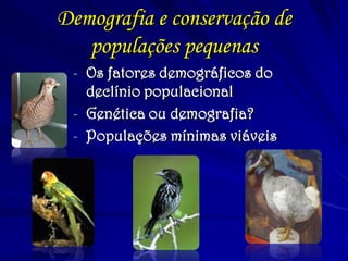 Demografia e conservação de
populações pequenas
- Os fatores demográficos do
declínio populacional
- Genética ou demografia?
- Populações mínimas viáveis
 