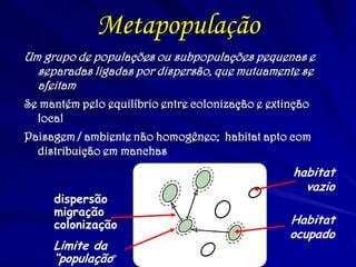 Metapopulação
Um grupo de populações ou subpopulações pequenas e
separadas ligadas por dispersão, que mutuamente se
afeitam
Se mantém pelo equilíbrio entre colonização e extinção
local
Paisagem / ambiente não homogêneo; habitat apto com
distribuição em manchas
habitat
vazio
Habitat
ocupado
dispersão
migração
colonização
Limite da
“população”
 