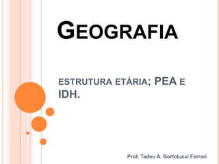 GEOGRAFIA
Prof. Tadeu A. Bortolucci Ferrari
ESTRUTURA ETÁRIA; PEA E
IDH.
 