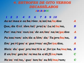 4. ESTROFES DE OITO VERSOS
DECASSÍLABOS
ABABABCC
1 2 3 4 5 6 7 8 9 10
As/ar/mas/e os/ba/rões /a/ssi/na/la/dos A
Que,/da O/ci /den/tal/ prai/a/ Lu/si/ta/na, B
Por/ ma/res/ nun/ca/ de an/tes/ na/ve/ga/dos A
Pa/ssa/ram/ ain/da a/lém/ da/ Ta/pro/ba/na, B
Em/ pe/ri/gos/ e/ gue/rras/ es/for/ça/dos, A
Mais/ do/ que/ pro/me/ti/a a/ for/ça hu/ma/na, B
E en/tre/ gen/te/ re/mo/ta e/di/fi/ca/ram C
No/vo/ rei/no,/ que/ tan/to/ su/bli/ma/ram; C
 