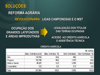 SOLUÇÕES:
REFORMA AGRÁRIA
REVOLUCIONÁRIA: LIGAS CAMPONESAS E O MST
OCUPAÇÃO DOS
GRANDES LATIFÚNDIOS
E ÁREAS IMPRODUTIVAS
LEGALIZAÇÃO DOS TÍTULOS
DAS TERRAS OCUPADAS
ACESSO AO CRÉDITO AGRÍCOLA
E ASSISTÊNCIA TÉCNICA
CRÉDITO AGRÍCOLA
 