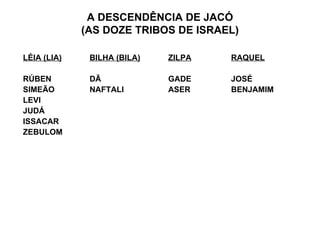 A DESCENDÊNCIA DE JACÓ
             (AS DOZE TRIBOS DE ISRAEL)

LÉIA (LIA)    BILHA (BILA)   ZILPA   RAQUEL

RÚBEN         DÃ             GADE    JOSÉ
SIMEÃO        NAFTALI        ASER    BENJAMIM
LEVI
JUDÁ
ISSACAR
ZEBULOM
 