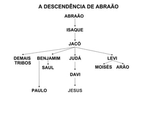 A DESCENDÊNCIA DE ABRAÃO
                     ABRAÃO


                     ISAQUE


                      JACÓ


DEMAIS    BENJAMIM    JUDÁ       LEVI
TRIBOS
            SAUL              MOISÉS ARÃO
                      DAVI


         PAULO        JESUS
 