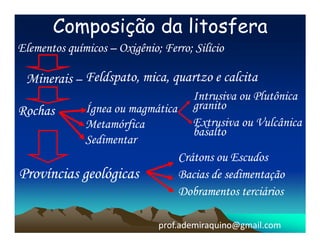 Composição da litosfera
Elementos químicos – Oxigênio; Ferro; Silício

 Minerais – Feldspato, mica, quartzo e calcita
                                      Intrusiva ou Plutônica
Rochas        Ígnea ou magmática      granito
              Metamórfica             Extrusiva ou Vulcânica
                                      basalto
              Sedimentar
                                   Crátons ou Escudos
Províncias geológicas              Bacias de sedimentação
                                   Dobramentos terciários

                              prof.ademiraquino@gmail.com
 