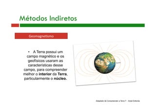 Geomagne+smo 
Métodos Indiretos
•  A Terra possui um
campo magnético e os
geofísicos usaram as
características desse
campo, para compreender
melhor o interior da Terra,
particularmente o núcleo.
Adaptado de Compreender a Terra 7 - Areal Editores
 