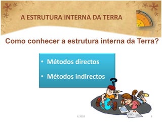 A ESTRUTURA INTERNA DA TERRA


Como conhecer a estrutura interna da Terra?

         • Métodos directos

         • Métodos indirectos




                    IL 2010             3
 