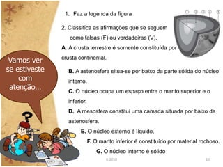 1. Faz a legenda da figura

               2. Classifica as afirmações que se seguem
                  como falsas (F) ou verdadeiras (V).
               A. A crusta terrestre é somente constituída por

 Vamos ver     crusta continental.

se estiveste     B. A astenosfera situa-se por baixo da parte sólida do núcleo
    com          interno.
 atenção…        C. O núcleo ocupa um espaço entre o manto superior e o
                 inferior.
                 D. A mesosfera constitui uma camada situada por baixo da
                 astenosfera.
                       E. O núcleo externo é líquido.
                             F. O manto inferior é constituído por material rochoso.
                                G. O núcleo interno é sólido
                                    IL 2010                                   10
 