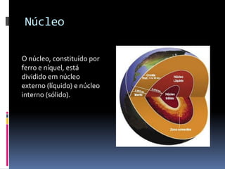 Núcleo
O núcleo, constituído por
ferro e níquel, está
dividido em núcleo
externo (líquido) e núcleo
interno (sólido).
 