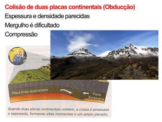 Colisão de duas placas continentais (Obducção)
Espessura e densidade parecidas
Mergulho é dificultado
Compressão
 