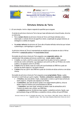 Ciências Naturais – Estrutura Interna da Terra Ano Lectivo 2015/2016
Estrutura Interna da Terra
1 – Lê com atenção o texto e depois responde às questões que se seguem.
O estudo da estrutura interna da Terra tem por base métodos muito diversificados, directos
ou indirectos.
• Para o estudo directo da estrutura interna da Terra contribuem métodos como a
observação e o estudo directo da superfície visível, a exploração de jazigos minerais, as
sondagens e a análise de magmas.
• No estudo indirecto da estrutura da Terra são utilizados métodos indirectos que incluem
a planetologia, a astrogeologia e a geofísica.
A estrutura interna da Terra é representada em modelos que se baseiam em dois critérios
diferentes: a composição química e as propriedades físicas.
No modelo da estrutura interna da Terra segundo a sua composição química, são
consideradas três unidades estruturais concêntricas - crosta, manto e núcleo.
• A crosta, ou crusta, constitui a zona mais superficial do globo terrestre e pode ser
dividida em crosta continental, cuja espessura varia entre os 40 e os 70 Kms e em crosta
oceânica, de espessura entre 5 a 10 Kms.
• O manto situa-se desde a base da crosta até à profundidade de 2900 km e pode ser
dividido em manto superior e em manto inferior.
• O núcleo situa-se a partir dos 2900 km e pode ser dividido em núcleo externo e em núcleo
interno.
No modelo da estrutura interna da Terra segundo as suas propriedades físicas, o globo
terrestre é constituído por quatro regiões - litosfera, astenosfera, mesosfera e endosfera.
• A litosfera, uma zona sólida e rígida, compreende a crosta e a parte mais externa do
manto superior, atingindo uma espessura de 70 Kms.
• A astenosfera, uma zona de baixa rigidez e de comportamento plástico, situa-se
desde a base da litosfera até à profundidade de 350 km.
- A mesosfera, uma zona rígida, estende-se desde a base da astenosfera até à
fronteira do manto com o núcleo, aos 2900 Kms.
- A endosfera pode ser dividida em duas regiões: a endosfera externa, líquida, cuja
profundidade atinge os 5150 Kms e a endosfera interna, sólida, até aos 6375 Kms.
Estrutura interna da Terra. In Infopédia [Em linha]. Porto: Porto Editora, 2003-2009. [Consult. 2009-02-12].
Disponível na www: <URL: http://www.infopedia.pt/$estrutura-interna-da-terra>.
Ficha de Trabalho n.º 1 1
 