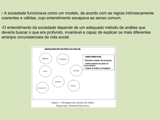 A sociedade funcionava como um modelo, de acordo com as regras intrinsecamente coerentes e válidas, cujo entendimento escapava ao senso comum.  O entendimento da sociedade depende de um adequado método de análise que deveria buscar o que era profundo, invariável e capaz de explicar os mais diferentes arranjos circunstanciais da vida social. 