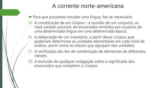 A corrente norte-americana
 Para que possamos estudar uma língua, faz-se necessário:
A) A constituição de um Corpus – a reunião de um conjunto, os
mais variado possível, de enunciados emitidos por usuários de
uma determinada língua em uma determinada época;
B) A elaboração de um inventário, a partir desse Corpus, que
poderiam determinar as unidades elementares em cada nível de
análise, assim como as classes que agrupam tais unidades;
C) A verificação das leis de combinação de elementos de diferentes
classes;
D) A exclusão de qualquer indagação sobre o significado dos
enunciados que compõem o Corpus.
 