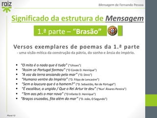 Plural 12
Mensagem de Fernando Pessoa
Versos exemplares de poemas da 1.ª parte
- uma visão mítica da construção da pátria, do sonho e ânsia do império.
 “O mito é o nada que é tudo” (“Ulisses”)
 “Assim se Portugal formou” (“O Conde D. Henrique”)
 “A voz da terra ansiando pelo mar” (“D. Dinis”)
 “Humano ventre do Império” (“D. Filipa de Lencastre”)
 “Sem a loucura que é o homem?” (“D. Sebastião, Rei de Portugal”)
 “É excalibur, a ungida / Que o Rei Artur te deu” (“Nun’ Álvares Pereira”)
 “Tem aos pés o mar novo” (“O Infante D. Henrique”)
 “Braços cruzados, fita além do mar” (“D. João, O Segundo”)
1.ª parte – “Brasão”
Significado da estrutura de Mensagem
 