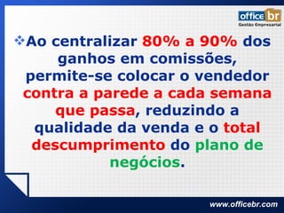 Ao centralizar  80% a 90%  dos ganhos em comissões, permite-se colocar o vendedor  contra a parede a cada semana que passa , reduzindo a qualidade da venda e o  total descumprimento  do  plano de negócios . 