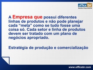A  Empresa que  possui diferentes linhas de produtos e não pode planejar cada “meta” como se tudo fosse uma coisa só. Cada setor e linha de produtos devem ser tratado com um plano de negócios apropriado.  Estratégia de produção e comercialização 