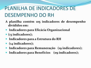 PLANILHA DE INDICADORES DE
DESEMPENHO DO RH
A planilha contém 105 indicadores de desempenho
divididos em:
 Indicadores para Eficácia Organizacional
 (13 indicadores);
 Indicadores para a Estrutura do RH
 (14 indicadores);
 Indicadores para Remuneração (19 indicadores);
 Indicadores para Benefícios (09 indicadores);
 