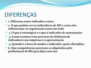 DIFERENÇAS
 1. Diferença entre indicador e meta
 2. O que podem ser os indicadores de RH e como eles
influenciam na organização como um todo
 3. O que é estratégico e o que é indicador de manutenção
 4. Como acontece este processo de definição de
indicadores nas empresas e a apresentação
 5. Quando é a hora de mudar o indicador, qual a disciplina
 6. Que competências precisam se adquiridas pelo
profissional de RH para lidar com isto
 
