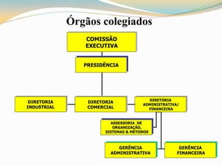 Órgãos colegiados
                COMISSÃO
                EXECUTIVA


                PRESIDÊNCIA




                                        DIRETORIA
 DIRETORIA       DIRETORIA
                                      ADMINISTRATIVA/
INDUSTRIAL       COMERCIAL              FINANCEIRA


                          ASSESSORIA DE
                           ORGANIZAÇÃO,
                       SISTEMAS & MÉTODOS



                            GERÊNCIA                 GERÊNCIA
                         ADMINISTRATIVA             FINANCEIRA
 