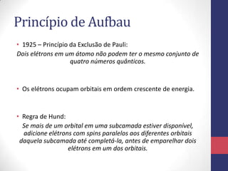 Princípio de Aufbau
• 1925 – Princípio da Exclusão de Pauli:
Dois elétrons em um átomo não podem ter o mesmo conjunto de
quatro números quânticos.
• Os elétrons ocupam orbitais em ordem crescente de energia.
• Regra de Hund:
Se mais de um orbital em uma subcamada estiver disponível,
adicione elétrons com spins paralelos aos diferentes orbitais
daquela subcamada até completá-la, antes de emparelhar dois
elétrons em um dos orbitais.
 