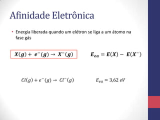 Afinidade Eletrônica
• Energia liberada quando um elétron se liga a um átomo na
fase gás
 