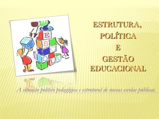 ESTRUTURA,
                                       POLÍTICA
                                           E
                                        GESTÃO
                                     EDUCACIONAL

A situação político pedagógica e estrutural de nossas escolas públicas.
 