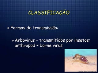 CLASSIFICAÇÃO
 Formas de transmissão:
 Arbovirus – transmitidos por insetos:
arthropod – borne virus
 