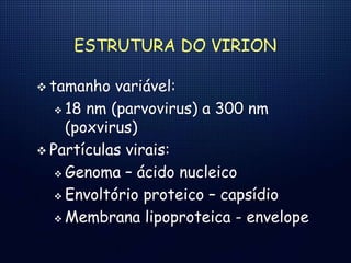 ESTRUTURA DO VIRION
 tamanho variável:
 18 nm (parvovirus) a 300 nm
(poxvirus)
 Partículas virais:
 Genoma – ácido nucleico
 Envoltório proteico – capsídio
 Membrana lipoproteica - envelope
 