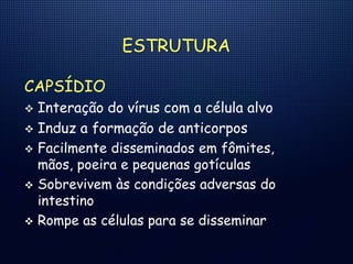 ESTRUTURA
CAPSÍDIO
 Interação do vírus com a célula alvo
 Induz a formação de anticorpos
 Facilmente disseminados em fômites,
mãos, poeira e pequenas gotículas
 Sobrevivem às condições adversas do
intestino
 Rompe as células para se disseminar
 