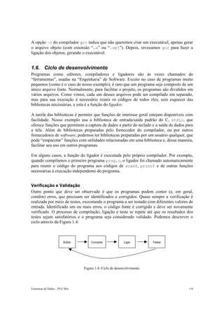 Estruturas de Dados – PUC-Rio 1-8
A opção –c do compilador gcc indica que não queremos criar um executável, apenas gerar
o arquivo objeto (com extensão “.o” ou “.obj”). Depois, invocamos gcc para fazer a
ligação dos objetos, gerando o executável.
1.6. Ciclo de desenvolvimento
Programas como editores, compiladores e ligadores são às vezes chamados de
“ferramentas”, usadas na “Engenharia” de Software. Exceto no caso de programas muito
pequenos (como é o caso de nosso exemplo), é raro que um programa seja composto de um
único arquivo fonte. Normalmente, para facilitar o projeto, os programas são divididos em
vários arquivos. Como vimos, cada um desses arquivos pode ser compilado em separado,
mas para sua execução é necessário reunir os códigos de todos eles, sem esquecer das
bibliotecas necessárias, e esta é a função do ligador.
A tarefa das bibliotecas é permitir que funções de interesse geral estejam disponíveis com
facilidade. Nosso exemplo usa a biblioteca de entrada/saída padrão do C, stdio, que
oferece funções que permitem a captura de dados a partir do teclado e a saída de dados para
a tela. Além de bibliotecas preparadas pelo fornecedor do compilador, ou por outros
fornecedores de software, podemos ter bibliotecas preparadas por um usuário qualquer, que
pode “empacotar” funções com utilidades relacionadas em uma biblioteca e, dessa maneira,
facilitar seu uso em outros programas.
Em alguns casos, a função do ligador é executada pelo próprio compilador. Por exemplo,
quando compilamos o primeiro programa prog.c, o ligador foi chamado automaticamente
para reunir o código do programa aos códigos de scanf, printf e de outras funções
necessárias à execução independente do programa.
Verificação e Validação
Outro ponto que deve ser observado é que os programas podem conter (e, em geral,
contêm) erros, que precisam ser identificados e corrigidos. Quase sempre a verificação é
realizada por meio de testes, executando o programa a ser testado com diferentes valores de
entrada. Identificado um ou mais erros, o código fonte é corrigido e deve ser novamente
verificado. O processo de compilação, ligação e teste se repete até que os resultados dos
testes sejam satisfatórios e o programa seja considerado validado. Podemos descrever o
ciclo através da Figura 1.4.
Figura 1.4: Ciclo de desenvolvimento.
Editar Compilar Ligar Testar
 