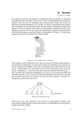 Estruturas de Dados – PUC-Rio 12-1
13. Árvores
W. Celes e J. L. Rangel
Nos capítulos anteriores examinamos as estruturas de dados que podem ser chamadas
de unidimensionais ou lineares, como vetores e listas. A importância dessas estruturas é
inegável, mas elas não são adequadas para representarmos dados que devem ser
dispostos de maneira hierárquica. Por exemplo, os arquivos (documentos) que criamos
num computador são armazenados dentro de uma estrutura hierárquica de diretórios
(pastas). Existe um diretório base dentro do qual podemos armazenar diversos sub-
diretórios e arquivos. Por sua vez, dentro dos sub-diretórios, podemos armazenar outros
sub-diretórios e arquivos, e assim por diante, recursivamente. A Figura 13.1 mostra uma
imagem de uma árvore de diretório no Windows 2000.
Figura 13.1: Um exemplo de árvore de diretório.
Neste capítulo, vamos introduzir árvores, que são estruturas de dados adequadas para a
representação de hierarquias. A forma mais natural para definirmos uma estrutura de
árvore é usando recursividade. Uma árvore é composta por um conjunto de nós. Existe
um nó r, denominado raiz, que contém zero ou mais sub-árvores, cujas raízes são
ligadas diretamente a r. Esses nós raízes das sub-árvores são ditos filhos do nó pai, r.
Nós com filhos são comumente chamados de nós internos e nós que não têm filhos são
chamados de folhas, ou nós externos. É tradicional desenhar as árvores com a raiz para
cima e folhas para baixo, ao contrário do que seria de se esperar. A Figura 13.2
exemplifica a estrutura de uma árvore.
Figura 13.2: Estrutura de árvore.
Observamos que, por adotarmos essa forma de representação gráfica, não
representamos explicitamente a direção dos ponteiros, subentendendo que eles apontam
sempre do pai para os filhos.
nó raiz
. . . sub-árvores
nó raiz
. . . sub-árvores
 