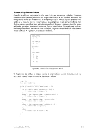 Estruturas de Dados – PUC-Rio 13-10
Acesso via palavras chaves
Quando os objetos num arquivo têm descrições de tamanhos variados, é comum
adotarmos uma formatação com o uso de palavras chaves. Cada objeto é precedido por
uma palavra chave que o identifica. A interpretação desse tipo de arquivo pode ser feita
lendo-se as palavras chaves e interpretando a descrição do objeto correspondente. Para
ilustrar, vamos considerar que, além de retângulos, triângulos e círculos, também temos
polígonos quaisquer no nosso conjunto de figuras geométricas. Cada polígono pode ser
descrito pelo número de vértices que o compõe, seguido das respectivas coordenadas
desses vértices. A Figura 14.2 ilustra esse formato.
Figura 14.2: Formato com uso de palavras chaves.
O fragmento de código a seguir ilustra a interpretação desse formato, onde fp
representa o ponteiro para o arquivo aberto para leitura.
...
FILE* fp;
char palavra[121];
...
while (fscanf(fp,"%120s",palavra) == 1)
{
if (strcmp(palavra,"RETANGULO")==0) {
/* interpreta retângulo */
}
else if (strcmp(palavra,"TRIANGULO")==0) {
/* interpreta triângulo */
}
else if (strcmp(palavra,"CIRCULO")==0) {
/* interpreta círculo */
}
else if (strcmp(palavra,"POLIGONO")==0) {
/* interpreta polígono */
}
else {
/* trata erro de formato */
}
}
RETANGULO
b h
TRIANGULO
b h
CIRCULO
r
POLIGONO
n
x1 y1
x2 y2
…
xn yn
 