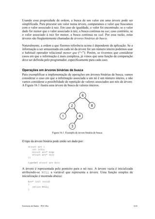 Estruturas de Dados – PUC-Rio 16-8
Usando essa propriedade de ordem, a busca de um valor em uma árvore pode ser
simplificada. Para procurar um valor numa árvore, comparamos o valor que buscamos
com o valor associado à raiz. Em caso de igualdade, o valor foi encontrado; se o valor
dado for menor que o valor associado à raiz, a busca continua na sae; caso contrário, se
o valor associado à raiz for menor, a busca continua na sad. Por essa razão, estas
árvores são freqüentemente chamadas de árvores binárias de busca.
Naturalmente, a ordem a que fizemos referência acima é dependente da aplicação. Se a
informação a ser armazenada em cada nó da árvore for um número inteiro podemos usar
o habitual operador relacional menor que (“<”). Porém, se tivermos que considerar
casos em que a informação é mais complexa, já vimos que uma função de comparação
deve ser definida pelo programador, especificamente para cada caso.
Operações em árvores binárias de busca
Para exemplificar a implementação de operações em árvores binárias de busca, vamos
considerar o caso em que a informação associada a um nó é um número inteiro, e não
vamos considerar a possibilidade de repetição de valores associados aos nós da árvore.
A Figura 16.1 ilustra uma árvore de busca de valores inteiros.
6
2 8
1 4
3
Figura 16.1: Exemplo de árvore binária de busca.
O tipo da árvore binária pode então ser dado por:
struct arv {
int info;
struct arv* esq;
struct arv* dir;
};
typedef struct arv Arv;
A árvore é representada pelo ponteiro para o nó raiz. A árvore vazia é inicializada
atribuindo-se NULL a variável que representa a árvore. Uma função simples de
inicialização é mostrada abaixo:
Arv* init (void)
{
return NULL;
}
 