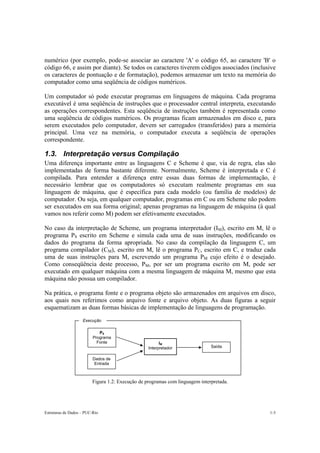 Estruturas de Dados – PUC-Rio 1-3
numérico (por exemplo, pode-se associar ao caractere 'A' o código 65, ao caractere 'B' o
código 66, e assim por diante). Se todos os caracteres tiverem códigos associados (inclusive
os caracteres de pontuação e de formatação), podemos armazenar um texto na memória do
computador como uma seqüência de códigos numéricos.
Um computador só pode executar programas em linguagens de máquina. Cada programa
executável é uma seqüência de instruções que o processador central interpreta, executando
as operações correspondentes. Esta seqüência de instruções também é representada como
uma seqüência de códigos numéricos. Os programas ficam armazenados em disco e, para
serem executados pelo computador, devem ser carregados (transferidos) para a memória
principal. Uma vez na memória, o computador executa a seqüência de operações
correspondente.
1.3. Interpretação versus Compilação
Uma diferença importante entre as linguagens C e Scheme é que, via de regra, elas são
implementadas de forma bastante diferente. Normalmente, Scheme é interpretada e C é
compilada. Para entender a diferença entre essas duas formas de implementação, é
necessário lembrar que os computadores só executam realmente programas em sua
linguagem de máquina, que é específica para cada modelo (ou família de modelos) de
computador. Ou seja, em qualquer computador, programas em C ou em Scheme não podem
ser executados em sua forma original; apenas programas na linguagem de máquina (à qual
vamos nos referir como M) podem ser efetivamente executados.
No caso da interpretação de Scheme, um programa interpretador (IM), escrito em M, lê o
programa PS escrito em Scheme e simula cada uma de suas instruções, modificando os
dados do programa da forma apropriada. No caso da compilação da linguagem C, um
programa compilador (CM), escrito em M, lê o programa PC, escrito em C, e traduz cada
uma de suas instruções para M, escrevendo um programa PM cujo efeito é o desejado.
Como conseqüência deste processo, PM, por ser um programa escrito em M, pode ser
executado em qualquer máquina com a mesma linguagem de máquina M, mesmo que esta
máquina não possua um compilador.
Na prática, o programa fonte e o programa objeto são armazenados em arquivos em disco,
aos quais nos referimos como arquivo fonte e arquivo objeto. As duas figuras a seguir
esquematizam as duas formas básicas de implementação de linguagens de programação.
Figura 1.2: Execução de programas com linguagem interpretada.
PS
Programa
Fonte
Dados de
Entrada
IM
Interpretador Saída
Execução
 
